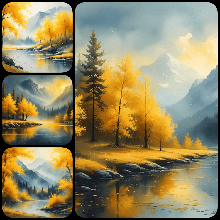 autumn nature clipart, yellow landscape PNG, fall lake illustration, watercolor autumn trees, golden hour digital art, yellow toned nature prints, high resolution autumn art, painterly forest scenes, sunset over lake art, minimal color landscape PNGs, fal
