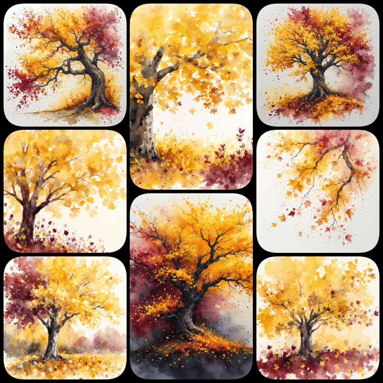 autumn nature clipart, yellow landscape PNG, fall lake illustration, watercolor autumn trees, golden hour digital art, yellow toned nature prints, high resolution autumn art, painterly forest scenes, sunset over lake art, minimal color landscape PNGs, fal