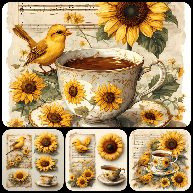 sunflower junk journal kit, vintage sunflower PNGs, shabby chic collage art, retro scrapbook ephemera, watercolor sunflower clipart, antique paper textures, yellow floral digital paper, sunflower mixed media art, printable sunflower graphics, romantic vin