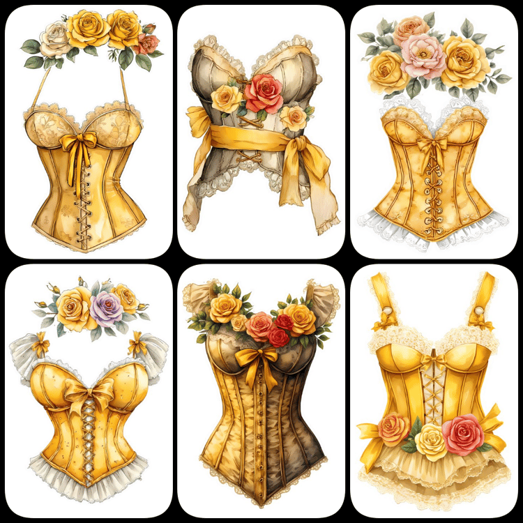 shabby chic junk journal kit, yellow vintage clipart, romantic scrapbook stickers, Victorian junk journal PNGs, floral lace ephemera, watercolor corset illustrations, antique jewelry clipart, yellow rose digital art, vintage perfume bottle PNGs, sunflower