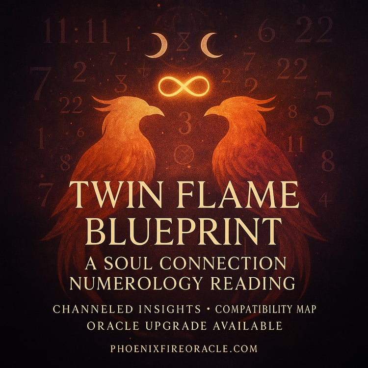 Square promotional image for the Twin Flame Blueprint – A Soul Connection Numerology Reading by Phoenix Fire Oracle. Features two mirrored phoenixes in glowing orange plasma against a dark, mystical background with numbers, crescent moons, and an infinity