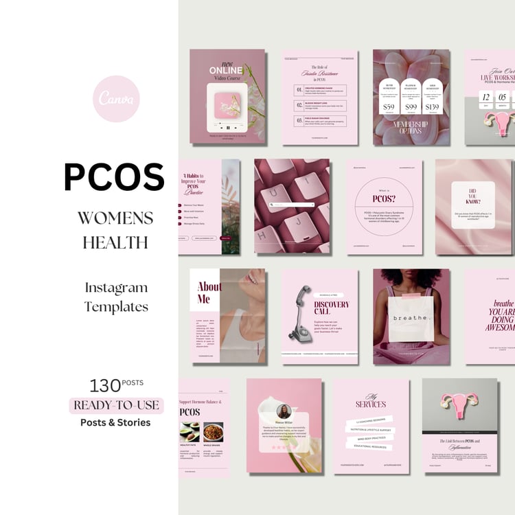 Instagram templates for PCOS and hormone health education designed in a minimal beige style. This digital product supports wellness coaches and social media managers creating informative and empowering women’s health content.