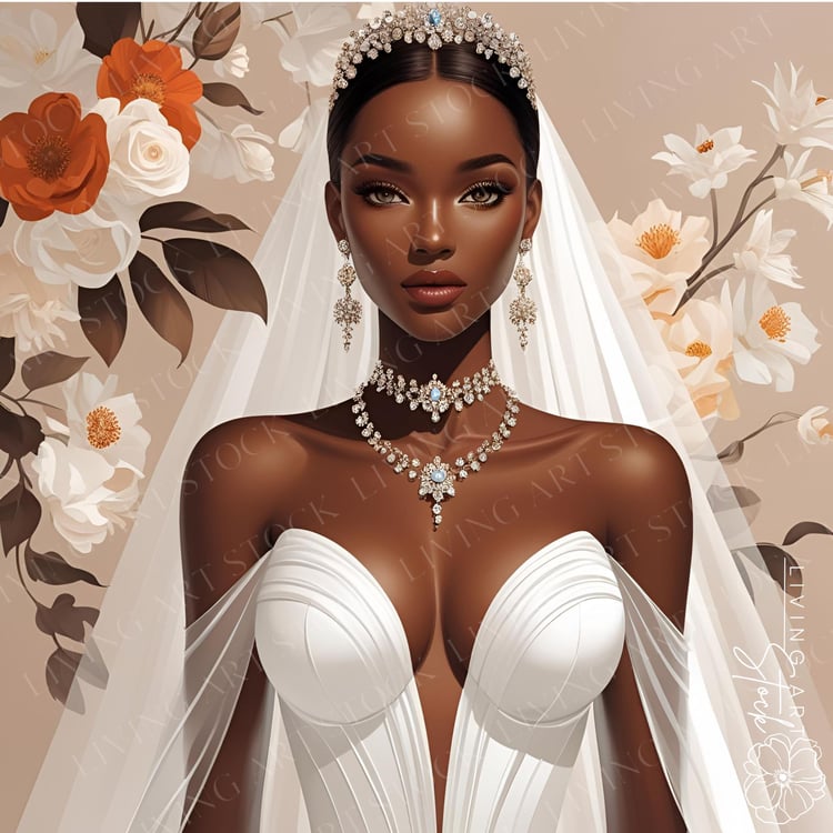 Illustration of a Beautiful Black bride wearing white strapless wedding gown