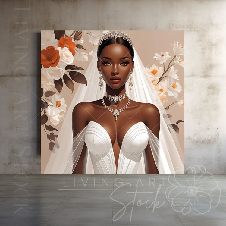 Illustration of a Beautiful Black bride wearing white strapless wedding gown, Poster