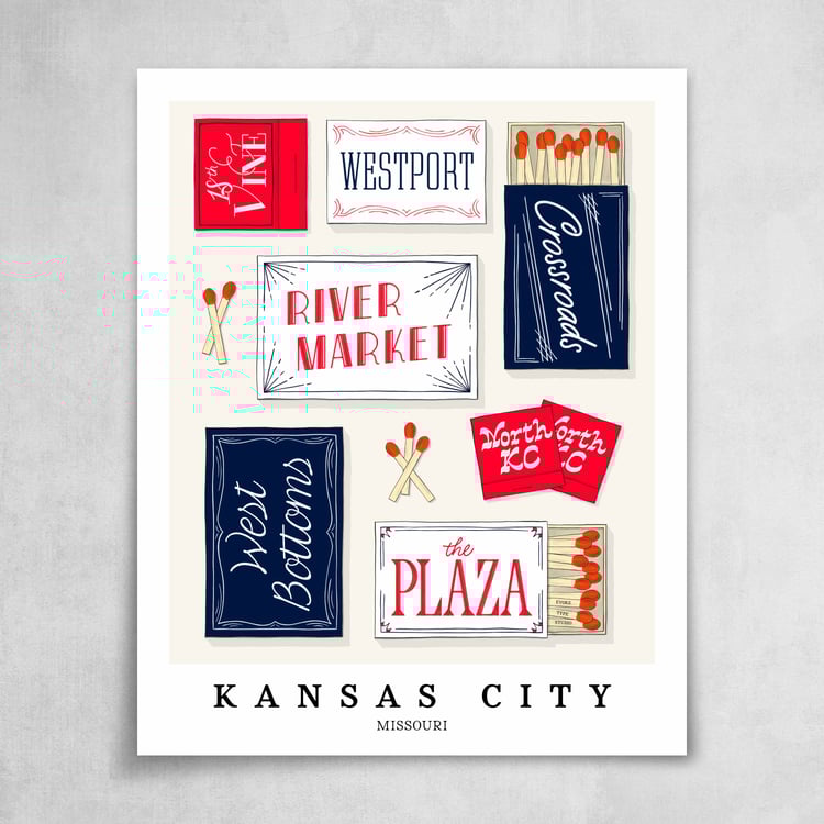 A collection of red, white and blue matchbooks featuring 7 neighborhoods in Kansas City, Missouri