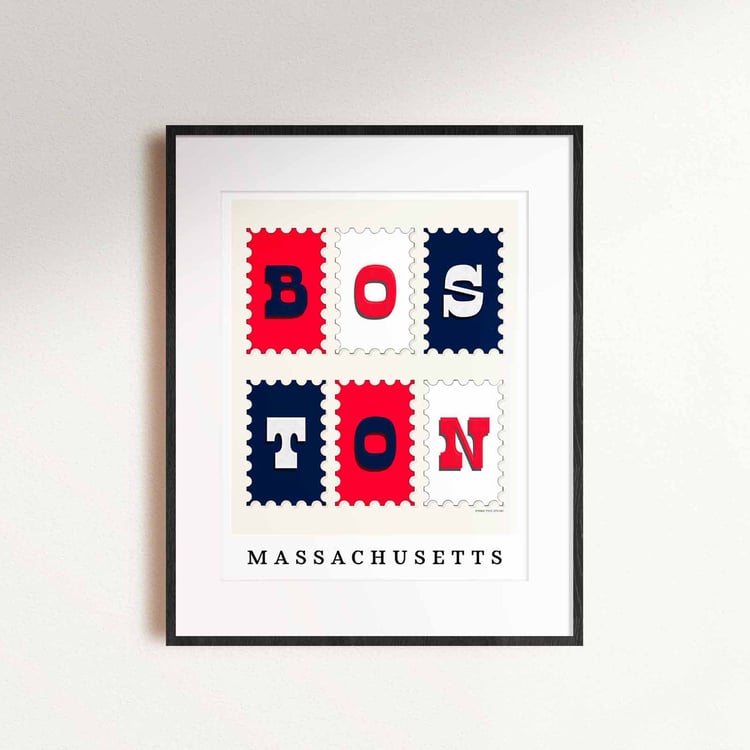 Postage stamp style Boston wall art showcasing playful typography in a patriotic color palette.