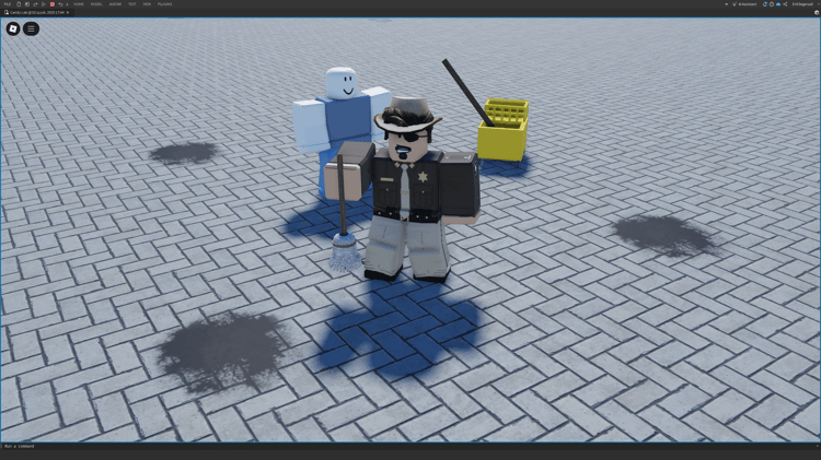 Roblox janitor NPC with mop cleaning job