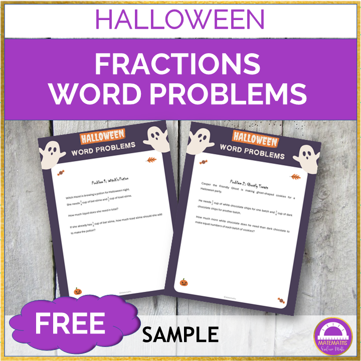 Free Halloween fractions word problems activity