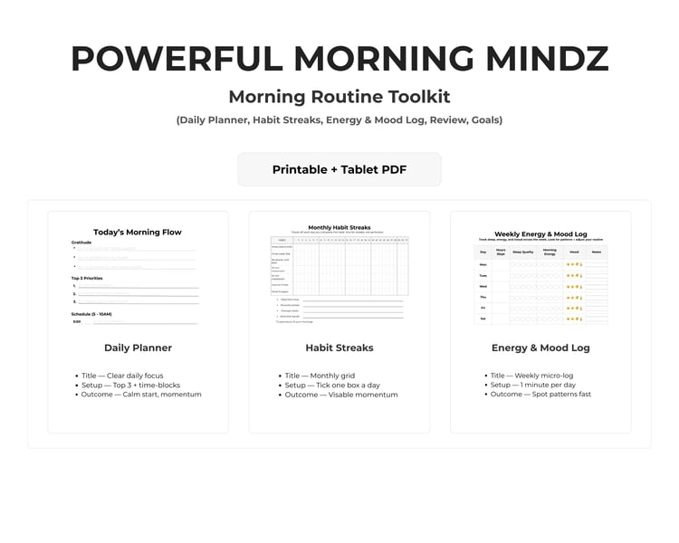 Hero mockup of the Powerful Morning Mindz Morning Routine Toolkit, featuring digital planner pages for daily focus, habit streak tracking, and energy logging.