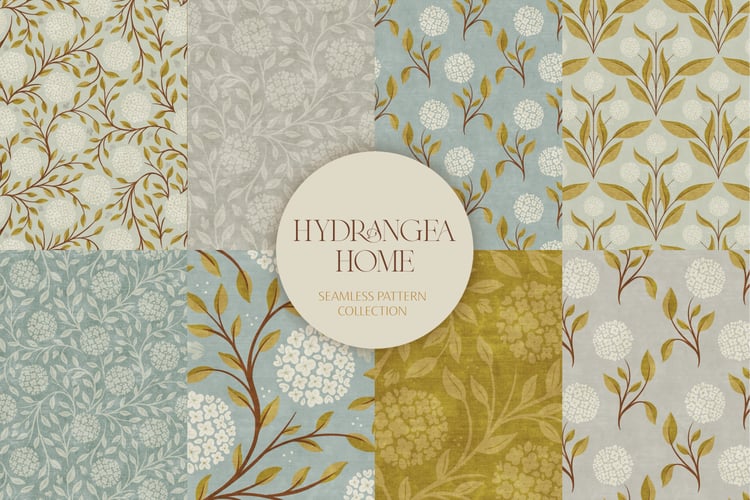 Hand drawn floral hydrangea surface pattern collection muted gray, blue, green color palette