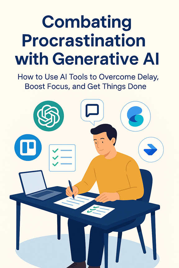 Cover of Combating Procrastination with Generative AI showing a person working at a desk with AI tool icons, representing an AI productivity guide for overcoming procrastination, improving focus, and getting things done.