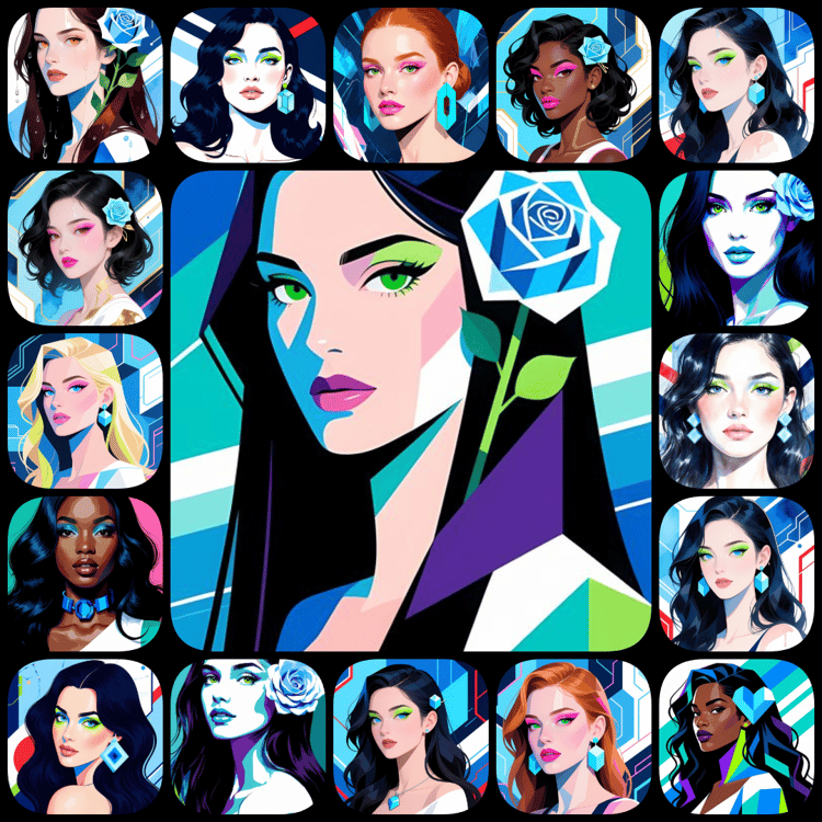 Cubist womens faces, Cyberpunk art bundle, blue hue digital art, high-resolution womens portraits, Pop Art style faces, Vintage Pulp female art, painterly digital portraits, anime-inspired womens art, 300 DPI art bundle, unique blue art collection, fut