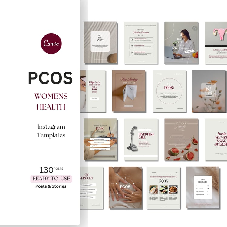 PCOS Instagram post template collection in beige with pink and cherry red accents, created for hormone health coaches and women’s wellness educators. Ready-to-post Canva designs ideal for social media managers managing PCOS and hormonal balance content.