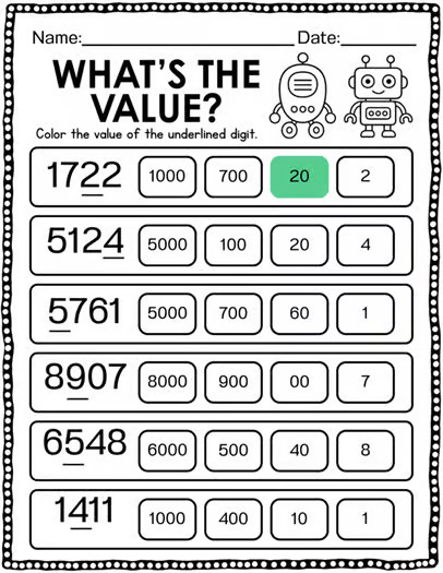 Robot-Themed Place Value Worksheets to the Thousands | Fun Math Activities