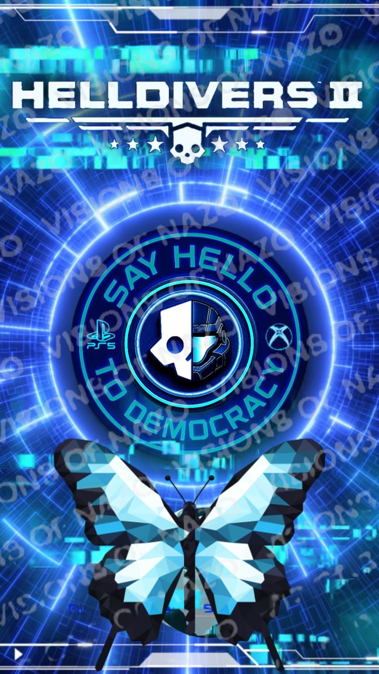 Helldivers 2 phone wallpaper featuring a glowing blue circuit board background, the Helldivers II logo, and a "Say Hello to Democracy" emblem with a white and black skull, with a low-poly butterfly at the bottom.