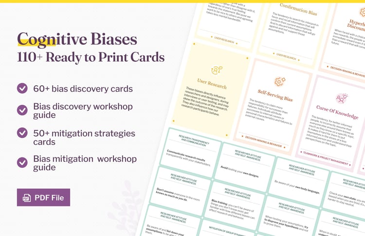 Cognitive Biases  110+ Ready to Print Cards: 60+ bias discovery cards, Bias discovery workshop guide, 50+ mitigation strategies cards, Bias mitigation  workshop guide