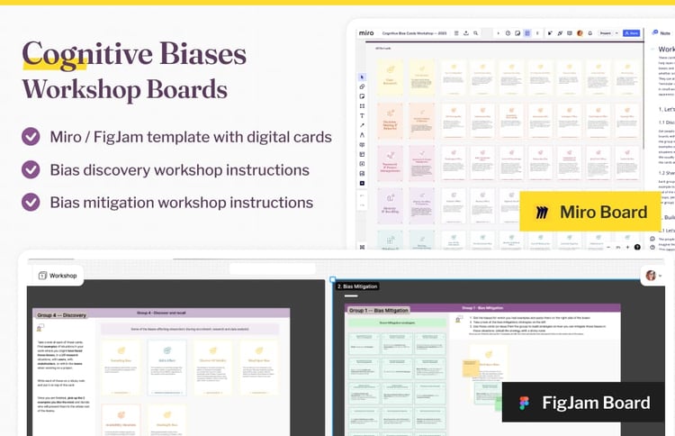 Cognitive Biases  Workshop Boards: Miro / FigJam template with digital cards, Bias discovery workshop instructions, Bias mitigation workshop instructions