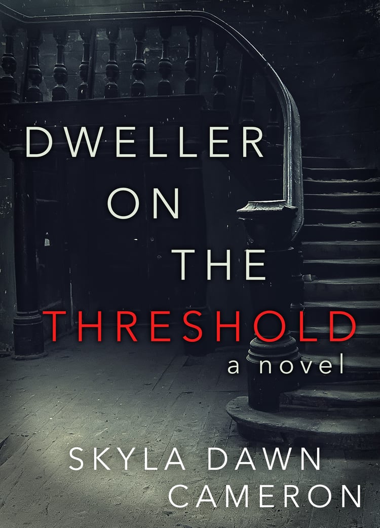 A dusty stairway in a house with the title Dweller on the Threshold.