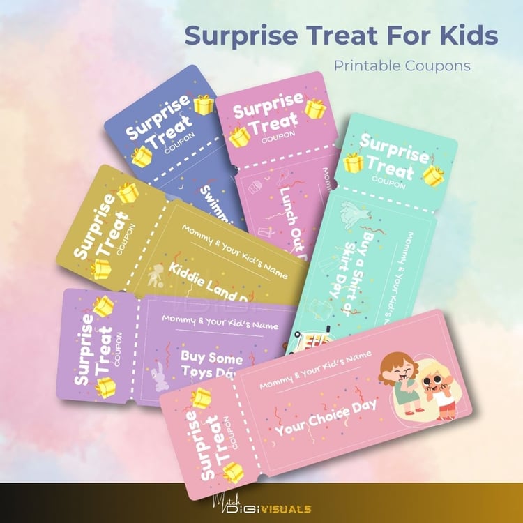 Printable surprise treat coupons for kids – fun reward tickets for parents to download and print.
