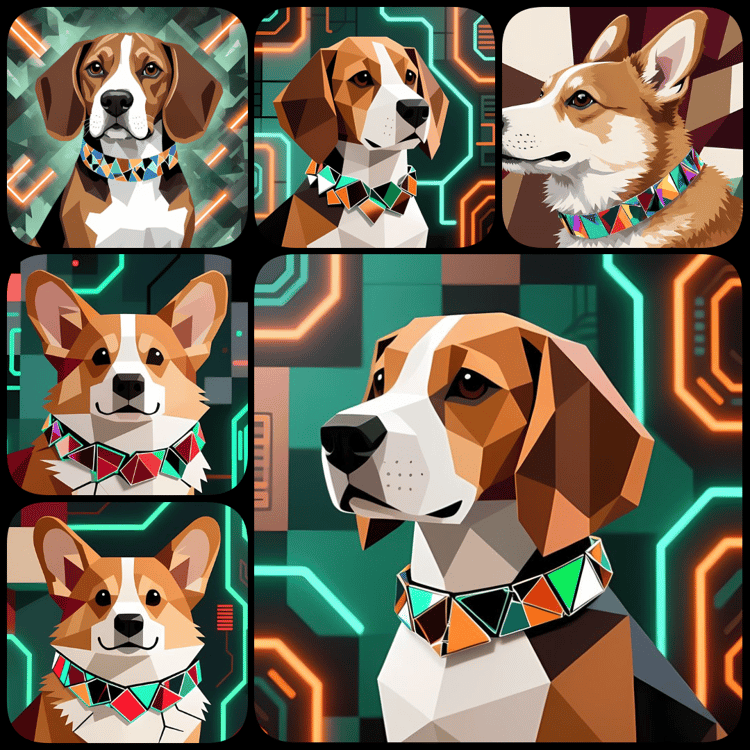 cyberpunk dog art, cubist dog illustrations, dog wall art, futuristic dog images, digital dog portraits, unique dog artwork, abstract dog print, modern dog decor, colorful dog art, dog poster digital, high res dog art, dog clipart bundle, AI art dogs, dig