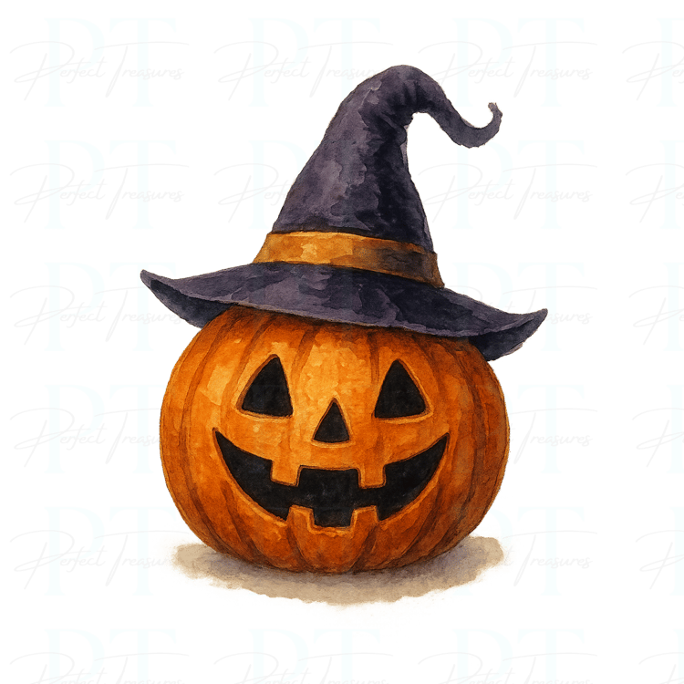 Cute smiling pumpkin wearing witch hat PNG file, high-resolution Halloween clipart for Cricut and sublimation projects.