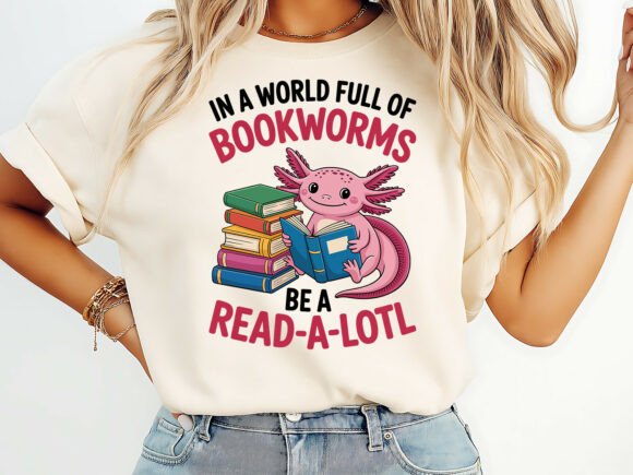 Close-up shot of the front of a white or light-colored unisex t-shirt. The central graphic is a cartoon-style illustration of a pink axolotl with a cheerful expression, holding a large, open book. The title of the design, "Be a Read-a-Lotl," is printed in