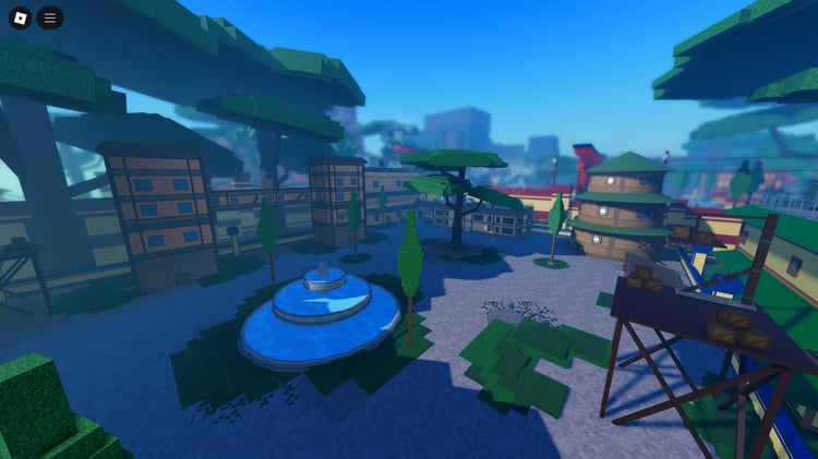 Roblox Hidden Leaf Village marketplace with crates and stalls