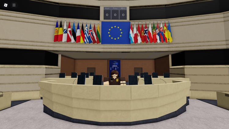 Roblox Parliament interior with desks and chairs