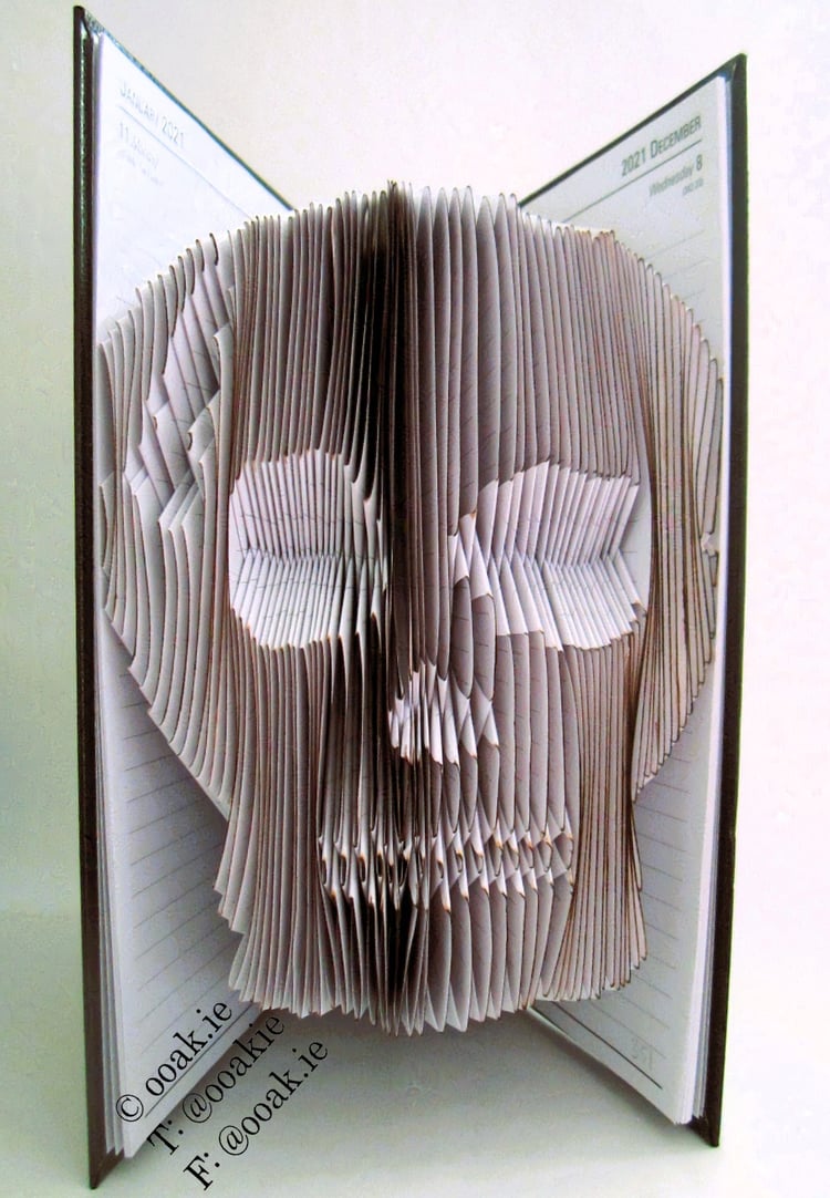 A finished skull book folding project showing a rustic skull design with a fracture, made from a 330-page book.