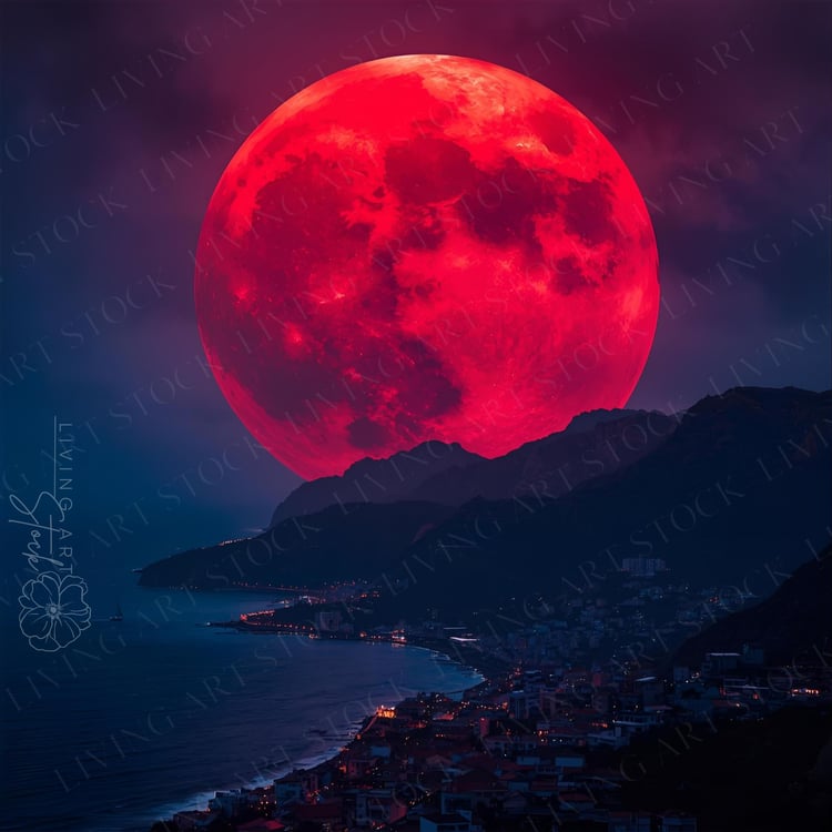 Big red blood moon over mountains and ocean