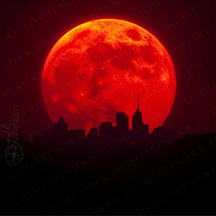 Large blood red moon skyine silhouette illustration