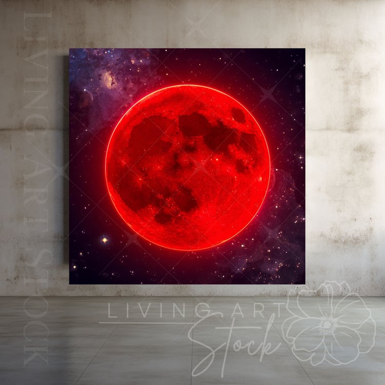 Glowing blood red moon in dark blue galaxy, Digital art