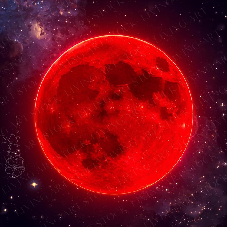 Glowing blood red moon in dark blue galaxy, Digital art