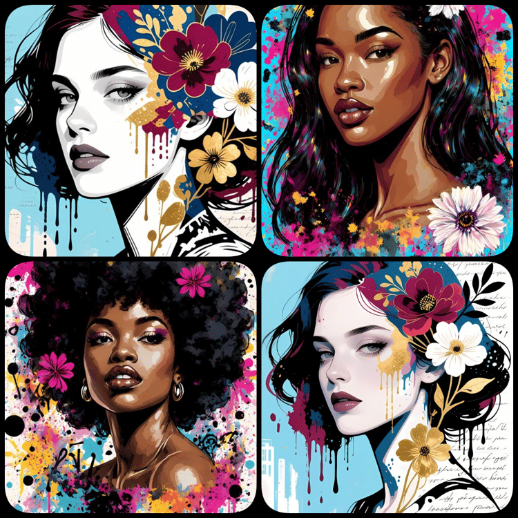 contemporary pop art, street art portraits, graffiti-inspired art, modern digital illustrations, feminine portraits, urban art bundle, high-resolution digital art, bold floral accents, mixed media digital art, layered textures, urban wall décor, modern po