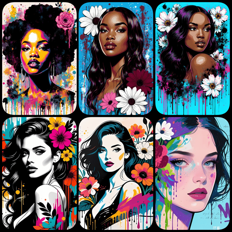 contemporary pop art, street art portraits, graffiti-inspired art, modern digital illustrations, feminine portraits, urban art bundle, high-resolution digital art, bold floral accents, mixed media digital art, layered textures, urban wall décor, modern po