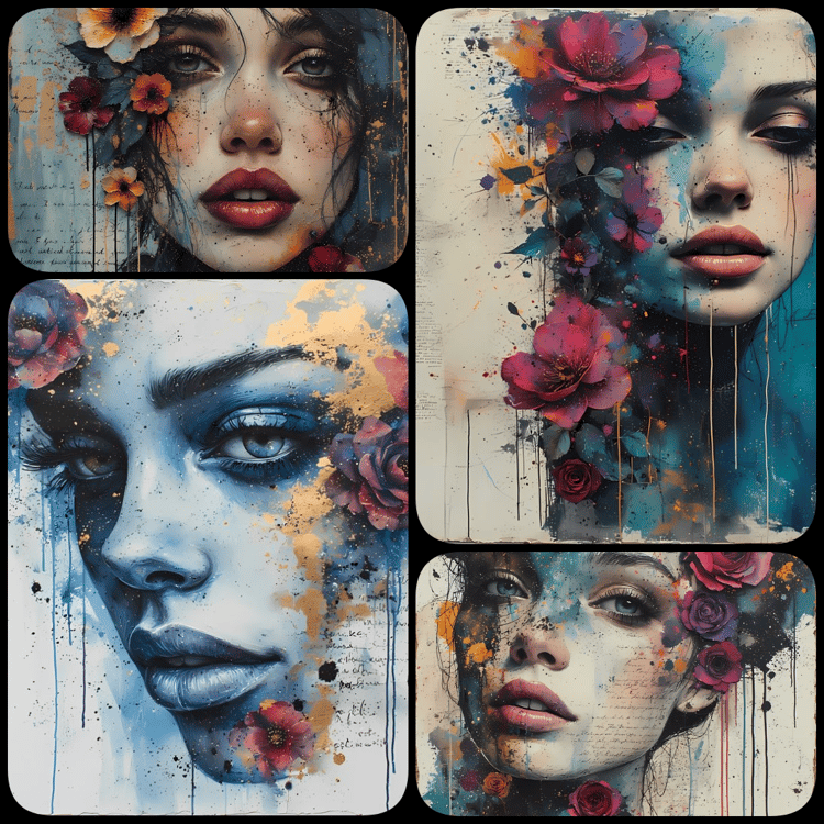surreal portrait art, expressive digital portraiture, contemporary mixed media, fine art portrait realism, abstract portrait art, modern surrealist art, vivid floral accents, painterly textures, dripping paint effects, emotional portrait art, digital fine