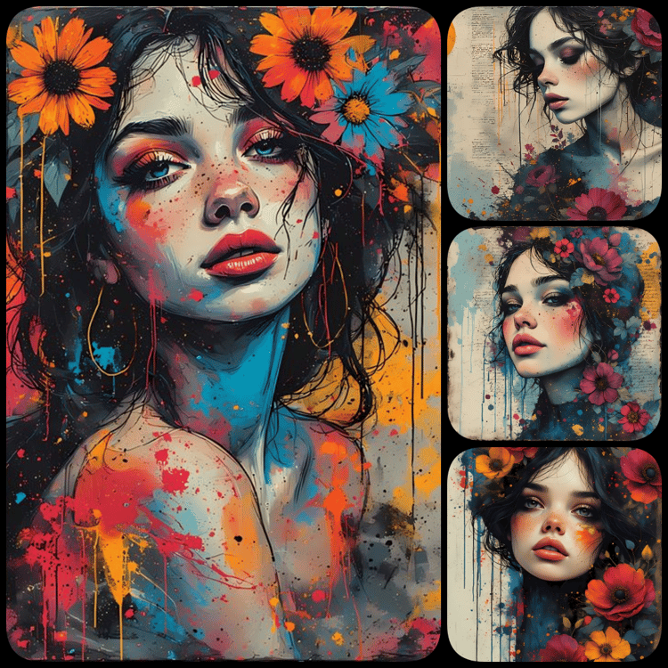 surreal portrait art, expressive digital portraiture, contemporary mixed media, fine art portrait realism, abstract portrait art, modern surrealist art, vivid floral accents, painterly textures, dripping paint effects, emotional portrait art, digital fine