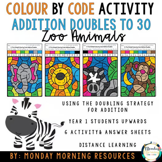 Colour by Code Addition Doubles to 30 - Zoo Animals - Distance Learning