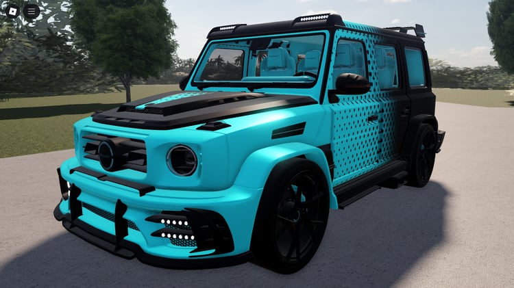Roblox Mansory G63 SUV front view in luxury showcase