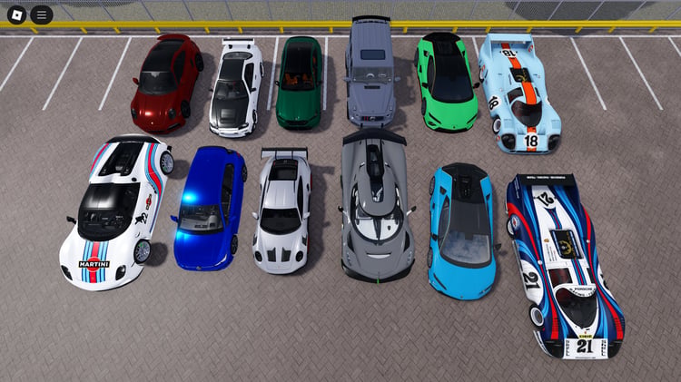 Roblox 12-car pack lineup inside a virtual showroom