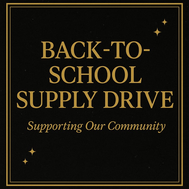 Black and gold graphic showing school supplies and backpacks for a community back-to-school donation drive by Eros Reclusion.