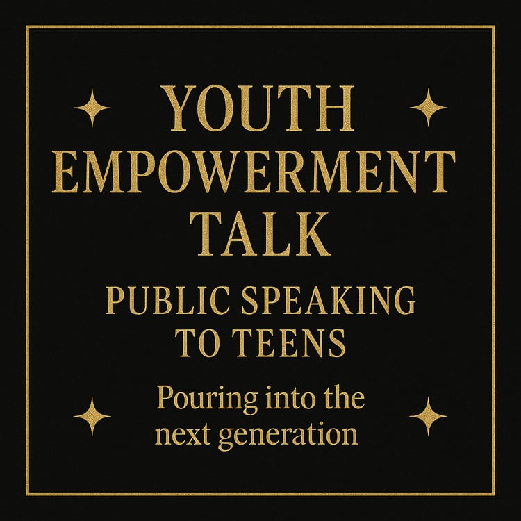 Bold black and gold image promoting Dr. Lleya Gordon’s public speaking event to inspire teens at a youth empowerment session. Eros Reclusion