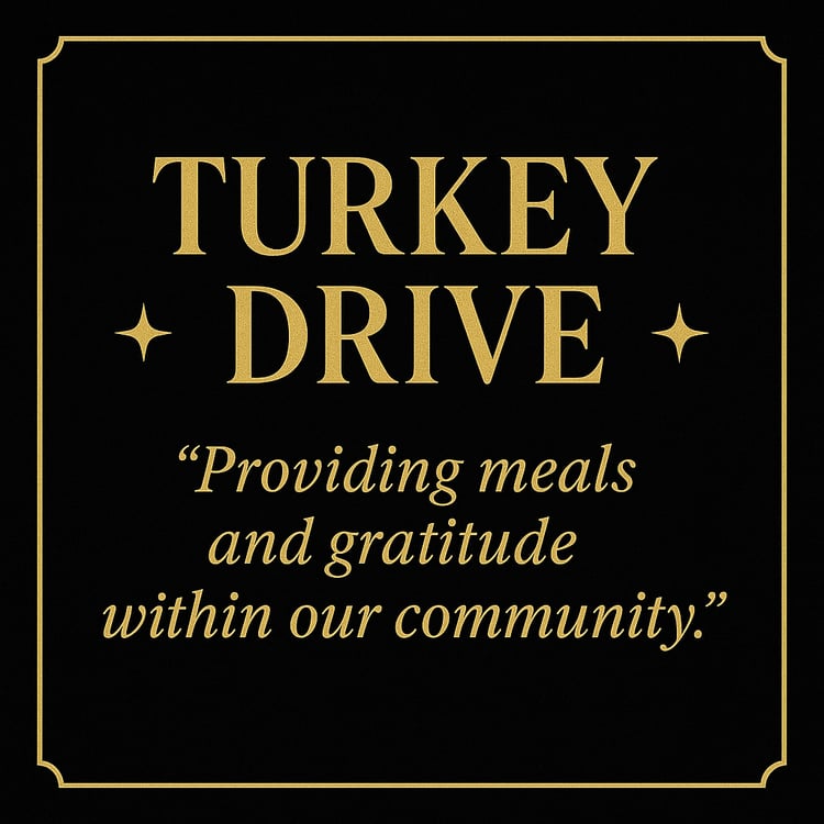 Warm-toned black and gold design promoting Eros Reclusion’s involvement in a holiday turkey drive for families in need.