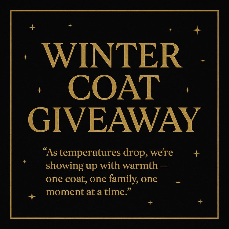 Stylish winter-themed image in black and gold for Eros Reclusion’s winter coat donation campaign to help families in cold months.