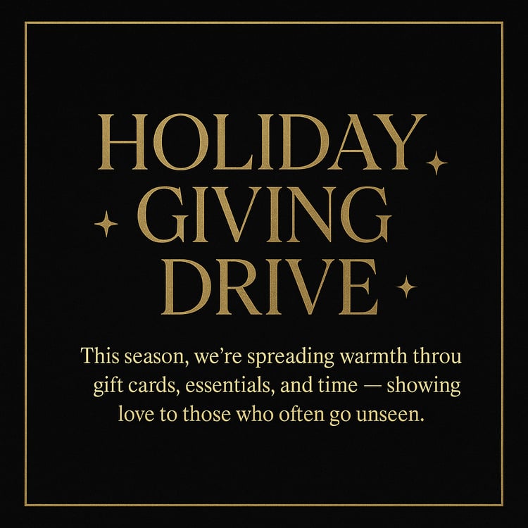 Heartwarming black and gold promotional graphic for Eros Reclusion’s holiday giving drive, providing care packages and support to families.