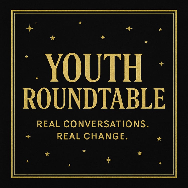 Engaging black and gold promo for a youth roundtable event led by Dr. Gordon, focused on leadership, healing, and real dialogue. Eros Reclusion