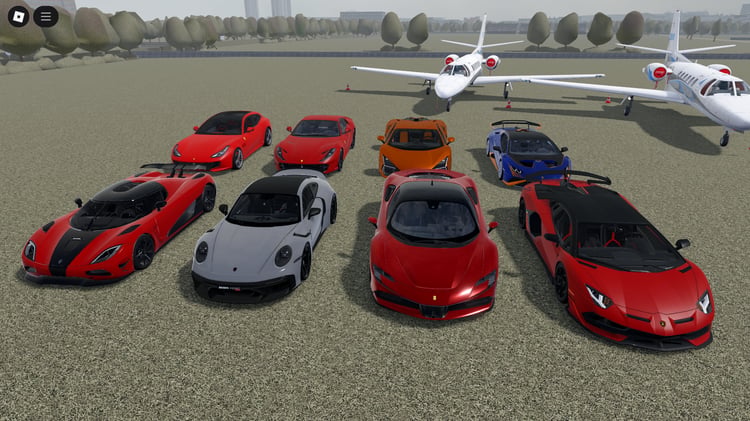 Sports cars from the Roblox 16-Vehicle Pack on city streets