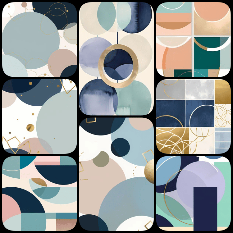 An exclusive collection of 70 high-resolution "modern abstract geometric wall art" designs. Featuring geometric shapes, metallic accents, and soothing color tones like blue, gold, and beige, this premium bundle is perfect for modern interiors and minimali