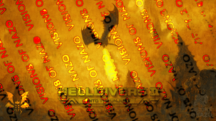 Oil painting of a Dragon Roach flying over the volcanic skies of Planet Oshaine, breathing fire, with the Helldivers II: Into the Unjust and dragon roach  logo below.