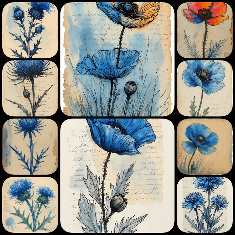 blue flower illustrations, blue floral artwork, botanical wall art, flower clipart bundle, watercolor flower designs, abstract floral art, mixed media flower prints, printable flower art, modern botanical prints, textured flower illustrations, floral digi